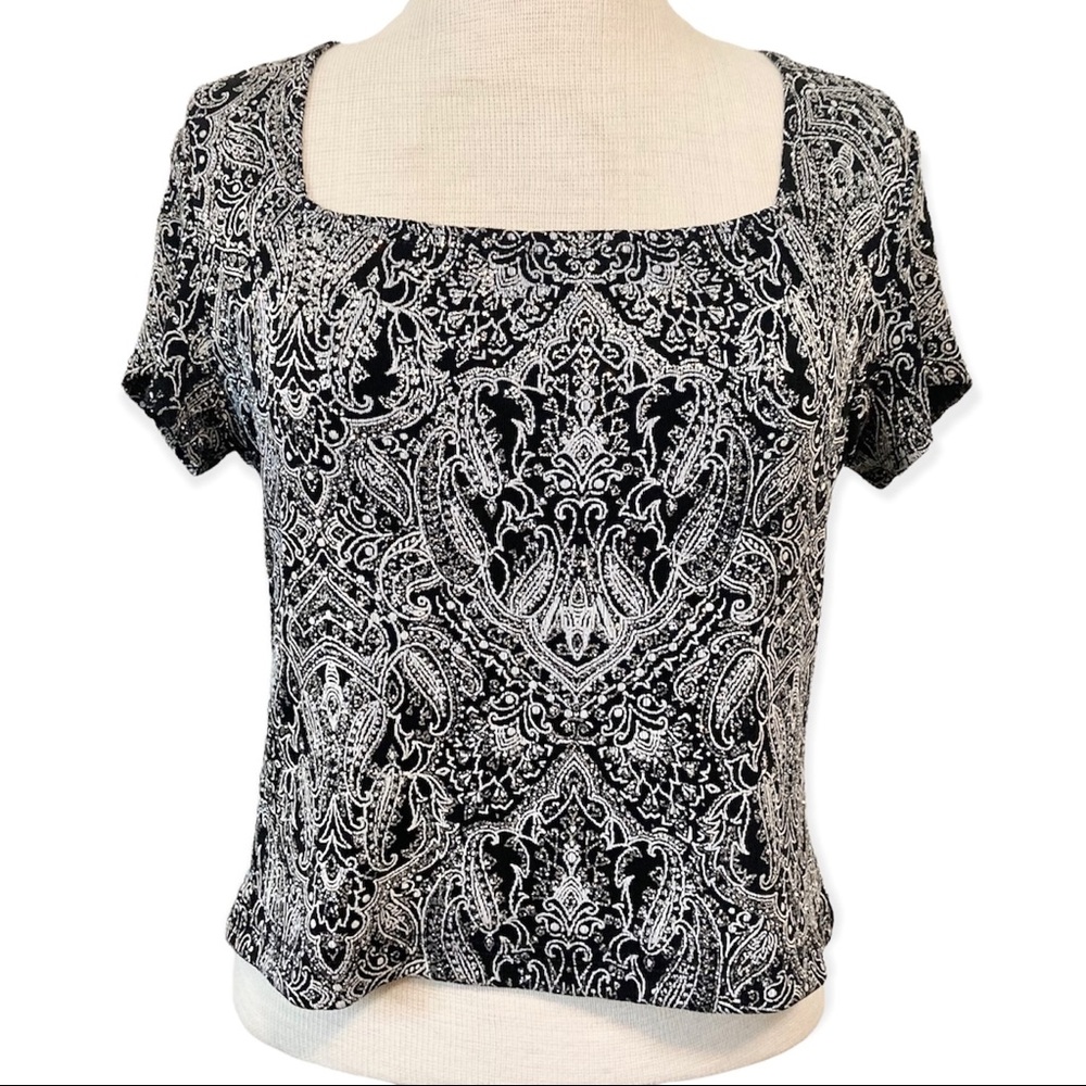 Vintage Y2K Square Neck Sparkly Glitter Crop Top Shirt Silver Black Paisley 90’s